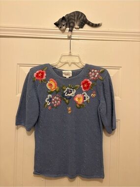 Susan Bristol Periwinkle Crewneck Sweater with Multicolor Floral Embroidery